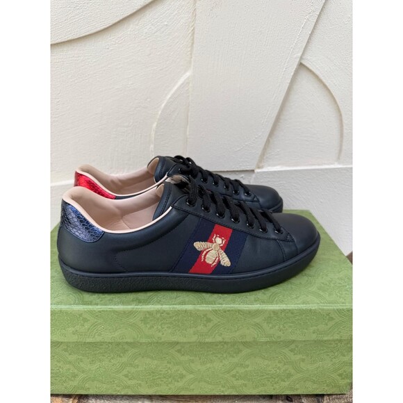 Gucci Fly Ace Embroidered Sneakers Black Leather Low Top Men's Gucci Size 7 US 8 - Picture 1 of 14